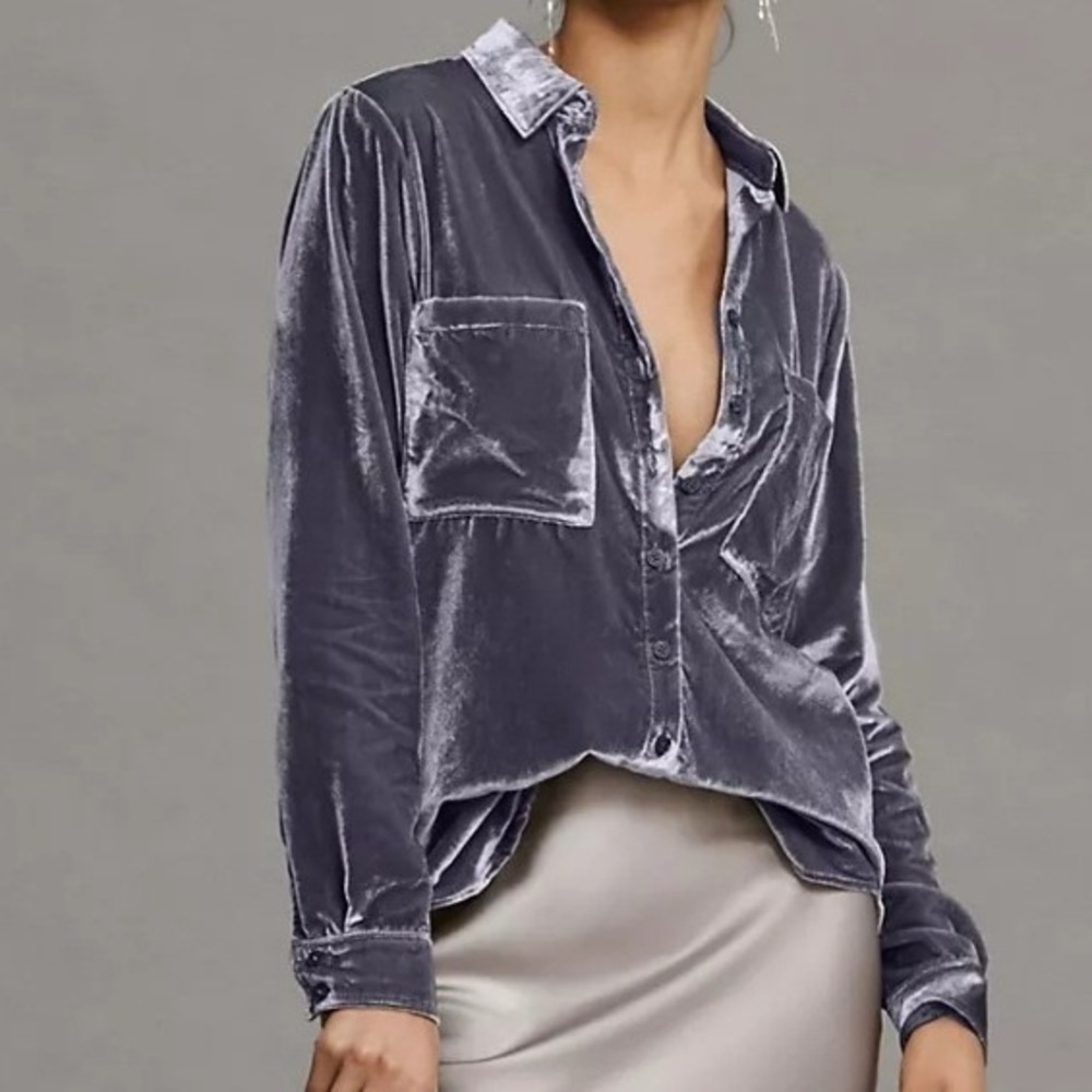 Pilcro Anthropologie Relaxed Velvet Button Down Shirt Blue 6 Pocket Blouse